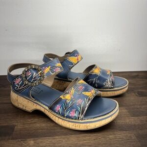 L'Artiste Spring Step Butterfly Cork Wedge Sandals 41 Blue Floral Buckle Kenna